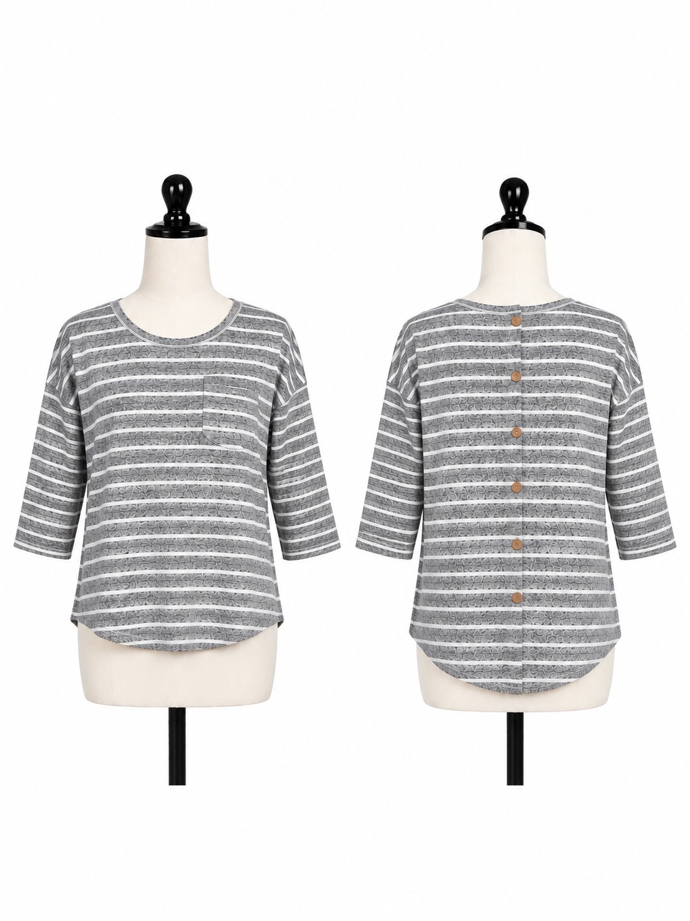 MISIA Women’s XL Gray & White Striped Soft Knit Blouse | Drop Shoulder